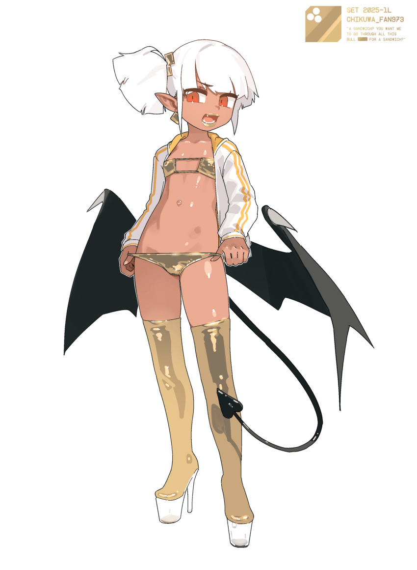 1girl bikini boots chikuwa_fan973 collarbone covered_erect_nipples dark-skinned_female dark_skin demon_girl demon_tail demon_wings earrings fang gold_bikini gold_boots gold_lips high_heel_boots high_heels highres jacket jewelry long_sleeves open_clothes open_jacket open_mouth original outie_navel pointy_ears short_hair simple_background single_earring solo swimsuit tail teeth thigh_boots white_background white_hair white_jacket wings