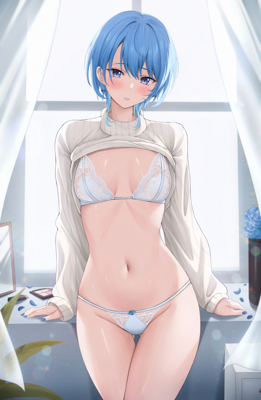 1girl absurdres blue_eyes blue_hair blue_nails blush bow bow_earrings bra breasts cleavage clothes_lift commentary_request curtains earrings gluteal_fold highres hololive hoshimachi_suisei indoors jewelry lace lace-trimmed_panties lace_bra lace_trim looking_at_viewer medium_hair nail_polish navel panties parted_lips petals ribbed_sweater shinigami_kiraki sleeves_past_wrists small_breasts solo standing star_(symbol) star_in_eye stomach straight-on string_panties sweater sweater_lift symbol_in_eye thigh_gap turtleneck turtleneck_sweater underwear virtual_youtuber white_bra white_panties white_sweater