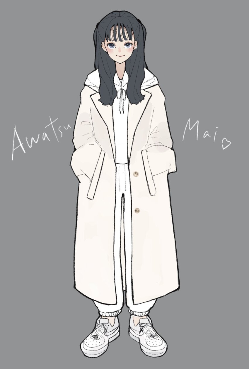 1girl awatsu_mai black_hair buttons character_name closed_mouth coat commentary_request drawstring ear_piercing full_body grey_background grey_eyes hands_in_pockets heart highres hood hood_down hoodie light_blush long_hair looking_at_viewer mole mole_under_eye nike_(company) nike_air_force_1 open_clothes open_coat pants piercing pocket real_life sally_(allogkk) shoes simple_background smile sneakers solo standing straight-on two_side_up voice_actor white_coat white_hoodie white_pants white_shoes