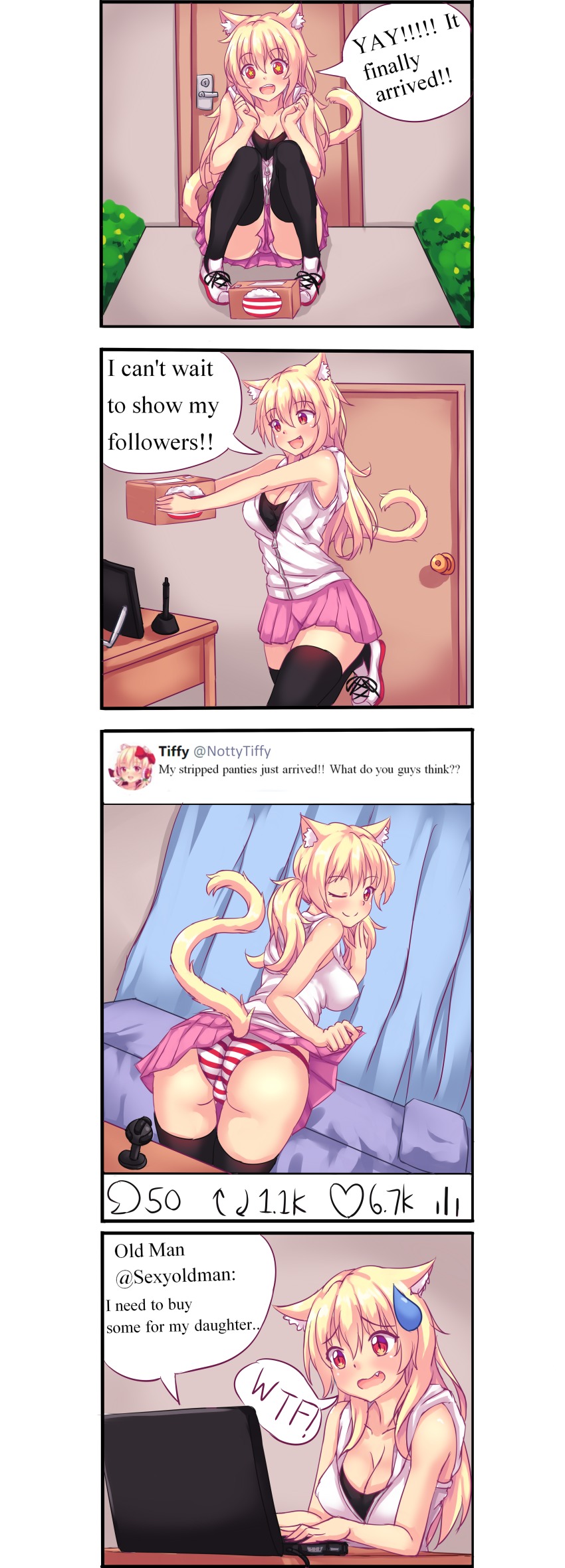 +_+ 1girl 4koma ;d absurdres animal_ear_fluff animal_ears ass bed bedroom blonde_hair blush bowl box breasts cat_ears cat_tail cleavage clothes_lift comic computer door english_text fang heart highres huge_filesize incredibly_absurdres laptop large_breasts looking_at_viewer looking_back milestone_celebration nervous_smile nottytiffy one_eye_closed open_mouth original package panties pillow pleated_skirt red_eyes rice_bowl selfie skirt skirt_lift smile solo_focus speech_bubble striped_clothes striped_panties sweatdrop tail taking_picture text_focus thighhighs tiffy_(nottytiffy) typo underwear webcam