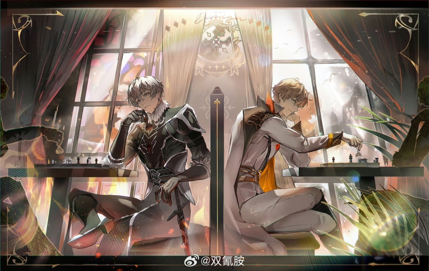 2boys armor back-to-back belt black_armor black_belt black_border black_coat black_footwear black_gloves black_pants black_vs_white blonde_hair board_game boots border cape chair chess chess_piece chessboard closed_mouth coat crossed_legs curtains demian_(welcome_to_dreamland) different_reflection elbow_rest emblem expressionless feet_out_of_frame figure_four_sitting fire foot_out_of_frame framed_image from_side fur-trimmed_coat fur-trimmed_gloves fur_trim gloves grey_hair hair_between_eyes head_rest highres holding holding_chess_piece jacket knee_boots lapels lens_flare letterboxed light_particles looking_ahead looking_at_viewer looking_to_the_side male_focus multiple_boys muntins niarss outstretched_arm pants plant profile purple_eyes reflection sam_browne_belt shoe_soles short_hair shoulder_guard sideways_glance silhouette single_glove sitting sleeve_cuffs smile symmetry table watermark weibo_watermark welcome_to_dreamland white_cape white_gloves white_jacket white_pants window yellow_eyes