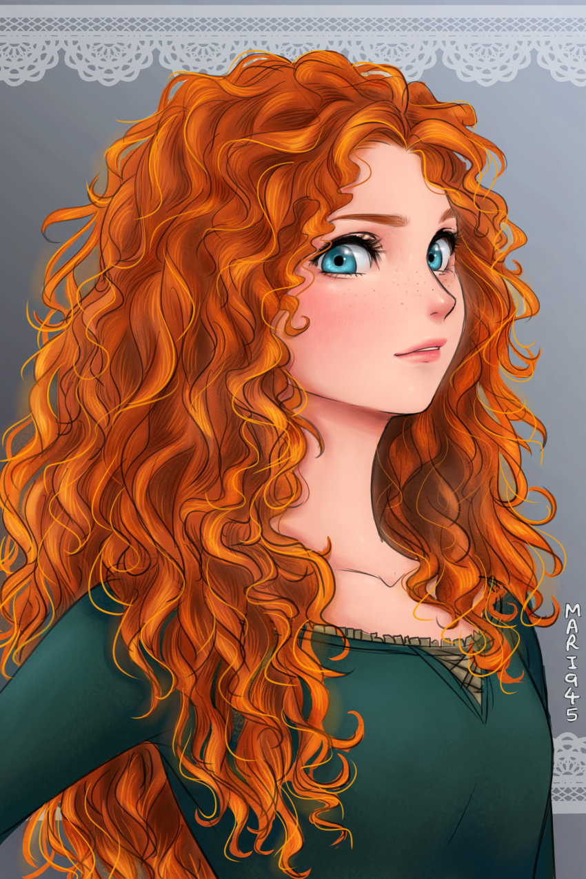 1girl absurdres artist_name blue_eyes blush brave_(disney) brave_(pixar) collarbone curly_hair female_focus freckles highres long_hair looking_at_viewer mari945 merida_(brave) messy_hair orange_hair red_hair sidelocks solo upper_body