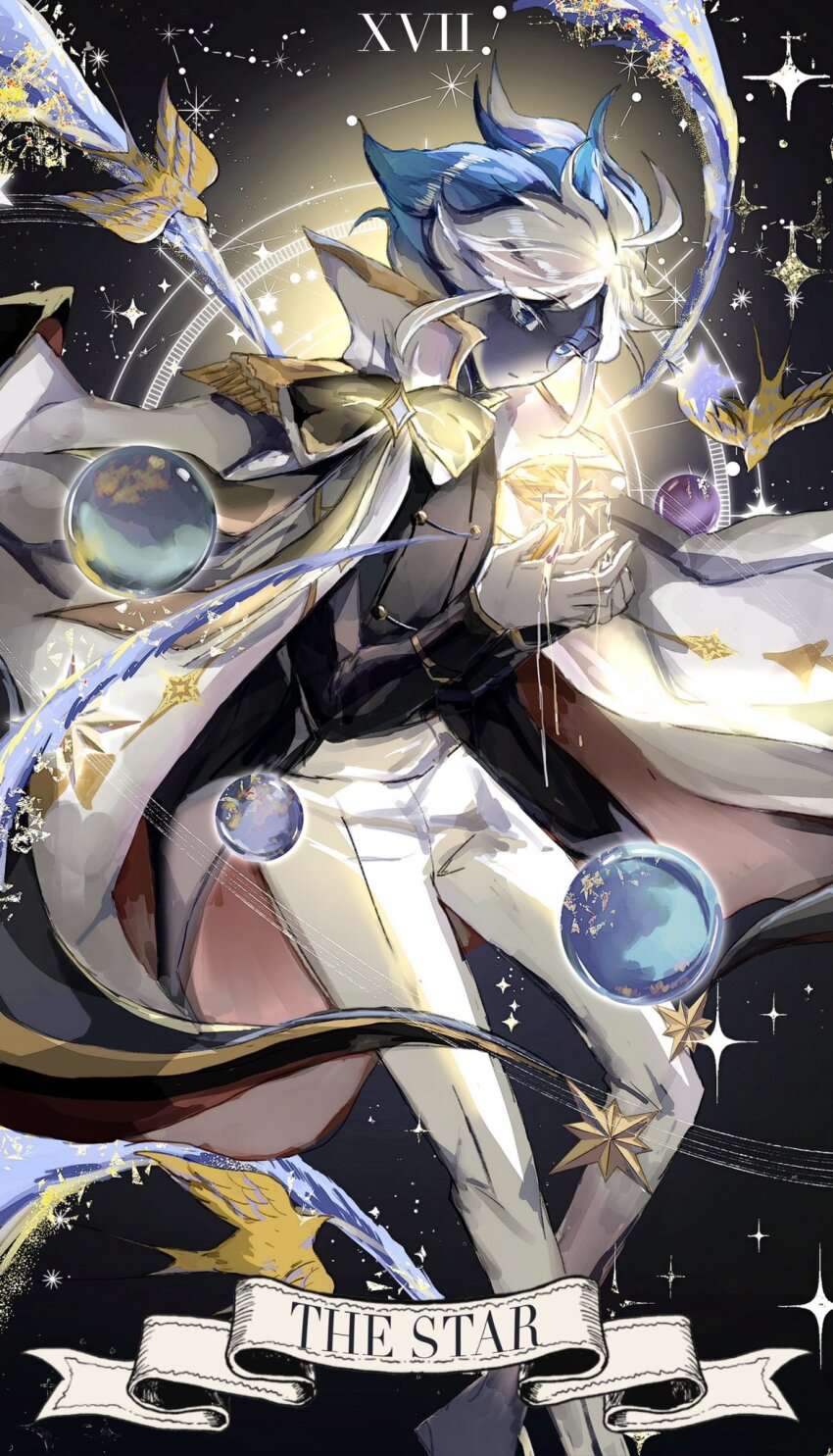 1boy blue_eyes blue_hair blue_skin cape capelet colored_skin cookie_run cookie_run:_kingdom expressionless full_body highres humanization long_sleeves looking_at_viewer male_focus multicolored_hair notonlyasheep personification short_hair solo space star_(symbol) stardust_cookie stardust_cookie_(embroidered_starlight) two-tone_hair white_hair