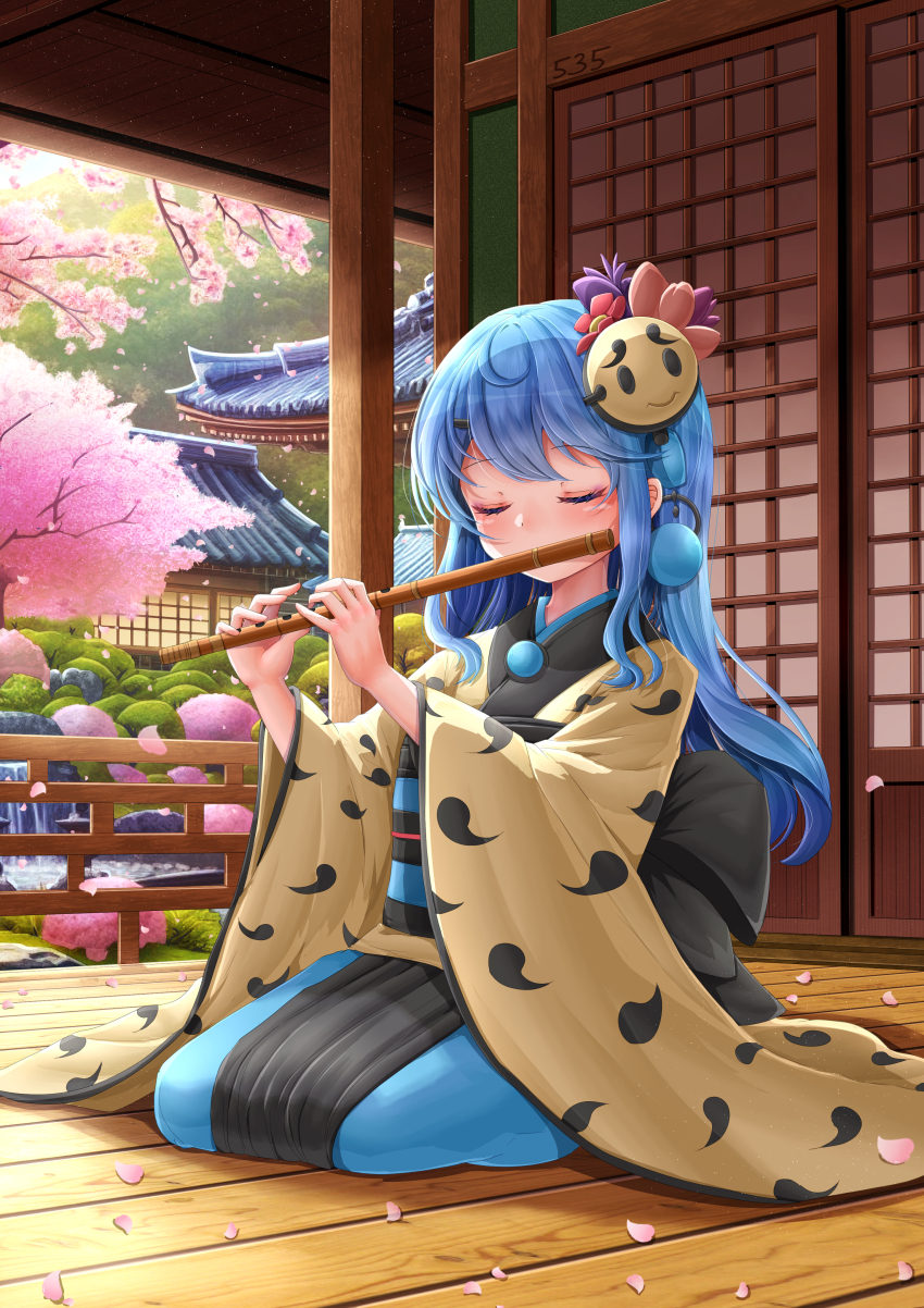 1girl absurdres architecture blue_hair blue_kimono character_mask cherry_blossoms closed_eyes east_asian_architecture flute full_body gen_5_pokemon highres holding holding_instrument instrument japanese_clothes kimono mask mask_on_head moss music nintendo personification pink_petals playing_instrument pokemon solo tympole wide_sleeves yellow-star-light