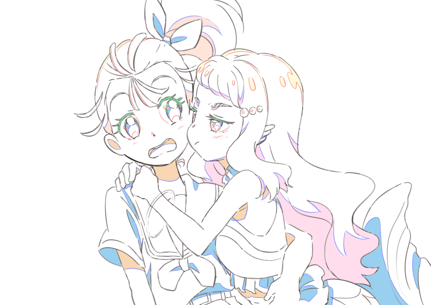 2girls aozora_middle_school_uniform arm_around_waist arms_around_neck bare_arms bare_shoulders beads belt belt_buckle blue_eyes blunt_bangs bow bracelet brown_hair buckle closed_mouth color_trace colored_eyelashes commentary_request cowboy_shot crop_top dot_nose fins fish_tail flustered frilled_shirt frills frown fun_(gary22718) furrowed_brow hair_beads hair_bow hair_ornament hairclip head_fins heads_together high_side_ponytail highres hug jealous jewelry laura_la_mer laura_la_mer_(mermaid) light_blush long_hair mermaid midriff monster_girl multiple_girls natsuumi_manatsu neckerchief open_mouth partially_colored pink_eyes pink_hair pleated_skirt ponytail pout precure sailor_collar school_uniform serafuku shirt short_hair short_ponytail short_sleeves simple_background skirt sleeveless sleeveless_shirt tail tareme teeth thick_eyebrows tropical-rouge!_precure upper_teeth_only very_long_hair wavy_hair white_background white_bow yuri
