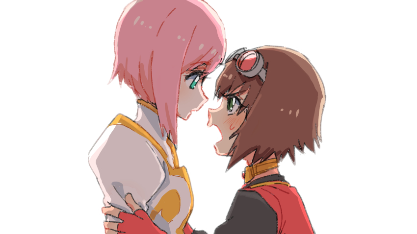 2girls aqua_eyes azuma_yukihiko black_shirt blush brown_hair dress estellise_sidos_heurassein fingerless_gloves gloves goggles goggles_on_head green_eyes highres holding holding_another&#039;s_arm looking_at_another multiple_girls pink_hair red_gloves red_vest rita_mordio shirt short_hair tales_of_(series) tales_of_vesperia vest white_dress