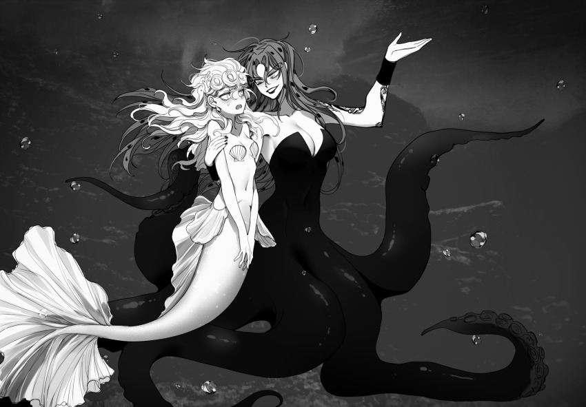 2girls air_bubble ariel_(disney) ariel_(disney)_(cosplay) arm_around_shoulder arm_tattoo breasts bubble cleavage commentary_request cosplay diavolo evil_smile frown genderswap genderswap_(mtf) giorno_giovanna highres jojo_no_kimyou_na_bouken large_breasts lipstick makeup mermaid monster_girl multiple_girls navel pasties scylla sempon_(doppio_note) shell small_breasts smile sweatdrop tattoo tentacles the_little_mermaid_(disney) underwater ursula_(disney) ursula_(disney)_(cosplay) vento_aureo