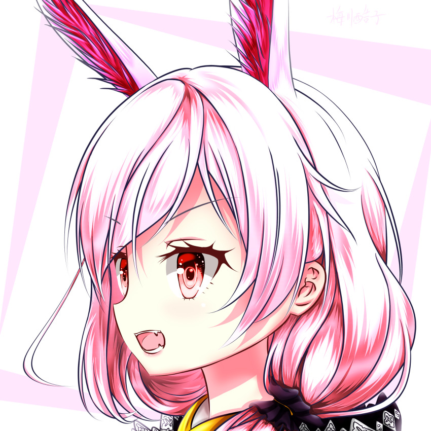 1girl animal_ears artist_name benghuai_xueyuan black_dress closed_mouth dress fox_ears highres honkai_(series) li_mama long_hair nun open_mouth pink_eyes pink_hair side_ponytail solo tareme theresa_apocalypse theresa_apocalypse_(sakuno_rondo) theresa_apocalypse_(valkyrie_pledge) three_quarter_profile upper_body white_background
