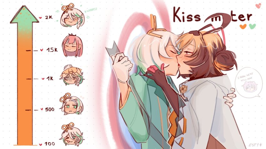 3girls ahoge anger_vein black_gloves blush brown_hair brown_streaks cecilia_immergreen closed_eyes closed_mouth coat commentary dotted_background elbow_gloves english_commentary expressionless french_kiss gigi_murin gloves green_coat green_eyes green_streaks hand_on_another&#039;s_back heart highres holding hololive hololive_english kiss kiss_meter_(meme) long_hair magic meme mole mole_under_eye mori_calliope multiple_girls pink_eyes pink_hair short_hair smile sticker_sr virtual_youtuber white_coat white_gloves white_hair winding_key yuri