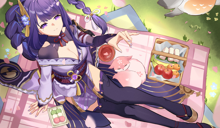 1girl absurdres alcohol animalization apple armor banana bird black_thighhighs blunt_bangs bow bowtie braid breasts bridal_gauntlets cleavage clog_sandals commentary_request cup dango food from_above fruit genshin_impact grass hair_bow hair_ornament hair_ribbon hand_up highres iras17514 japanese_clothes kimono long_hair long_sleeves looking_at_viewer looking_up low-braided_long_hair low-tied_long_hair low_ponytail mandarin_orange mat medium_breasts mitsudomoe_(shape) mole mole_under_eye nail_polish okobo onigiri outdoors petals picnic picnic_basket pink_fur platform_sandals ponytail purple_eyes purple_hair purple_nails raiden_shogun red_bow red_bowtie ribbon sakazuki sake sandals sanshoku_dango short_kimono shoulder_armor sidelocks single_braid sitting skewer sleeping smile solo thighhighs tomoe_(symbol) vision_(genshin_impact) wagashi wide_sleeves yae_miko yae_miko_(fox)