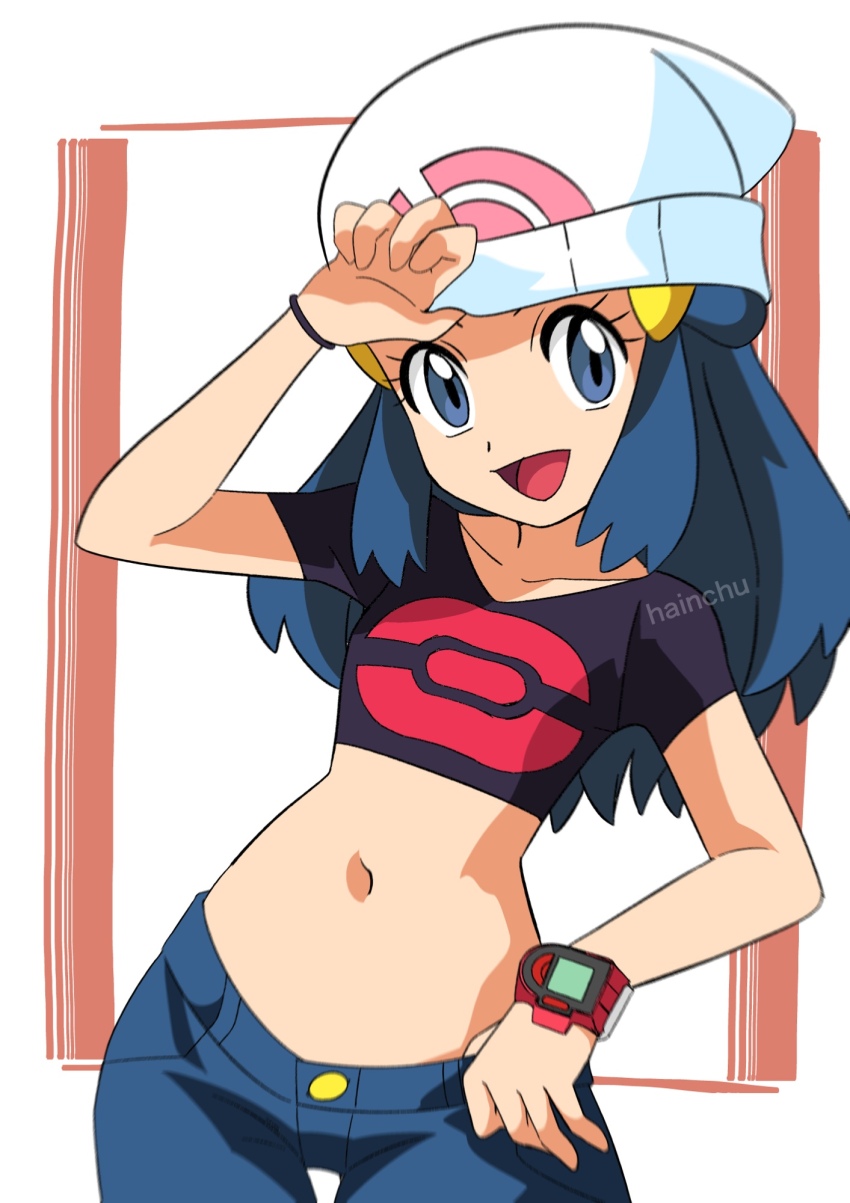 1girl arm_on_own_head blue_eyes blue_hair crop_top dawn_(pokemon) denim hainchu hair_ornament hair_tie hat highres jeans knit_hat long_hair looking_at_viewer midriff navel nintendo open_mouth pants pokemon pokemon_dppt simple_background smile solo watch watermark white_hat wristwatch