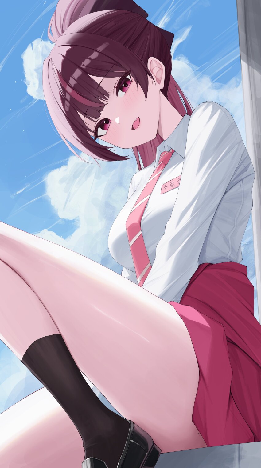1girl absurdres black_socks breasts collared_shirt fang highres jururu knee_up loafers long_hair long_sleeves looking_at_viewer medium_breasts multicolored_hair necktie open_mouth pink_necktie pink_skirt ponytail purple_eyes purple_hair sei_(0724sei6) shirt shoes sitting skirt smile socks solo streaked_hair thighs virtual_youtuber waktaverse white_shirt