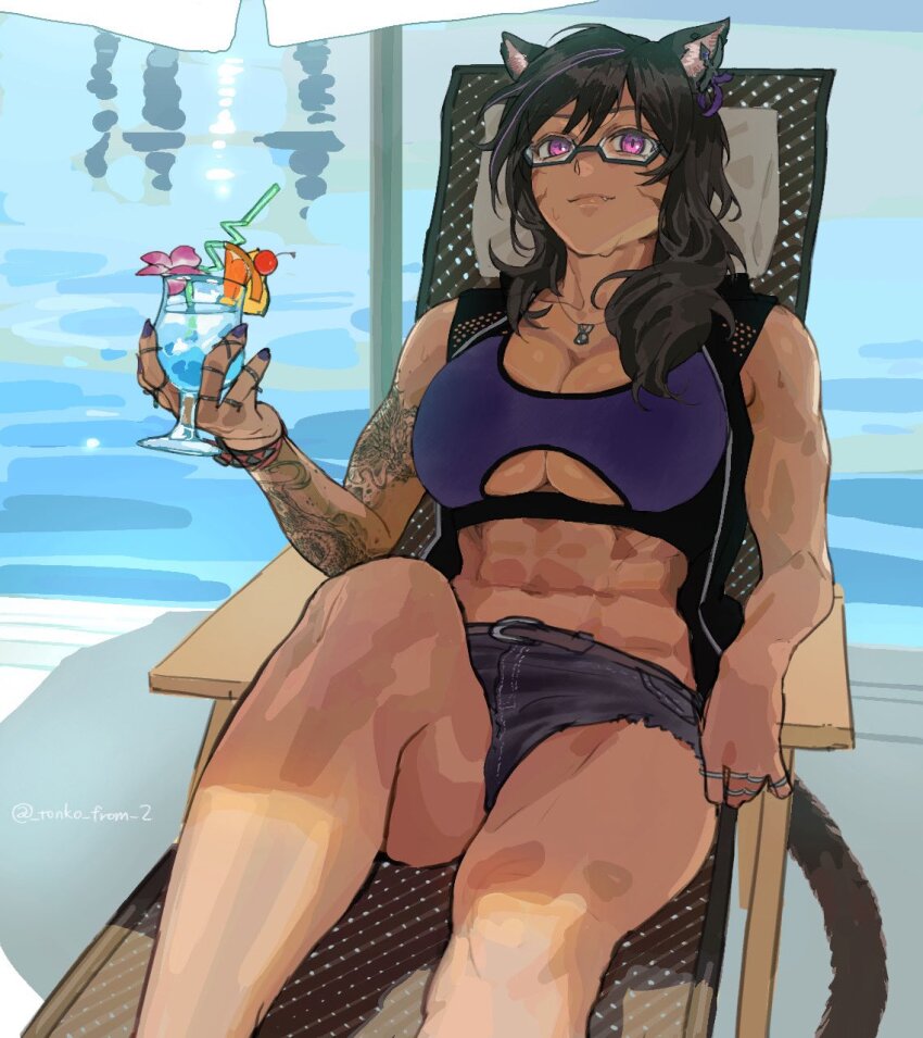 1girl animal_ears arm_tattoo bare_arms bare_legs bare_shoulders belt bendy_straw black_hair black_tail blue_hawaii borrowed_character breasts cat_ears cat_girl cat_tail chair cleavage closed_mouth clothing_cutout cocktail commentary commission cup drinking_straw facial_mark feet_out_of_frame final_fantasy final_fantasy_xiv flower food fruit glasses hibiscus highres holding holding_cup jacket jewelry knee_up large_breasts long_hair lounge_chair micro_shorts miqo&#039;te multiple_rings open_clothes open_jacket orange_(fruit) orange_slice original parasol pendant poolside purple_eyes purple_nails purple_sports_bra reclining ring shorts skeb_commission sleeveless sleeveless_jacket solo sports_bra stomach tail tattoo toned toned_female tonko_from tropical_drink twitter_username umbrella underboob_cutout vivian_grimelka_(siverstorm) warrior_of_light_(ff14) water whisker_markings