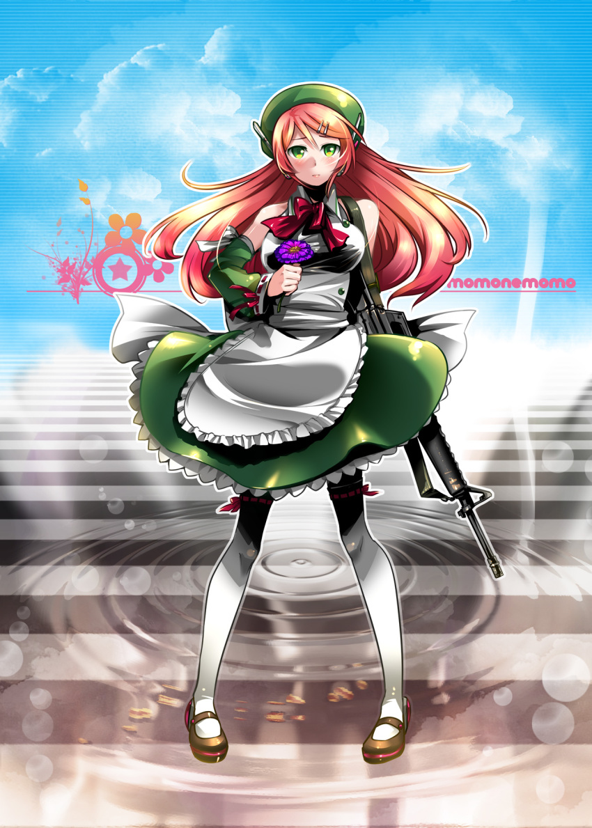 1girl apron assault_rifle beret blush caffein detached_sleeves female_focus flower green_eyes gun hair_ornament hairclip hat headphones highres legs long_hair m16 m16a1 momone_momo pink_hair rifle solo thighhighs utau weapon