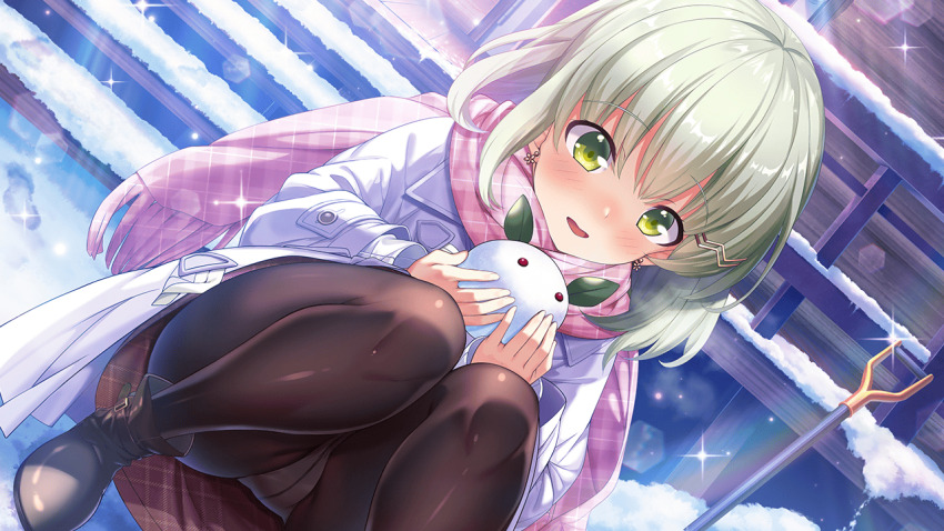 1girl :d blush bookshelf boots building cloud cloudy_sky coat day deep_one_kyomu_to_mugen_no_fragment dress dutch_angle earrings fringe_trim green_eyes green_hair hair_between_eyes hair_ornament heart heart_earrings holding horizon jewelry katia_bruntseva lake long_hair long_sleeves looking_at_viewer mayusaki_yuu night non-web_source nose_blush ocean open_mouth outdoors panties panties_under_pantyhose pantyhose pink_scarf plaid_clothes plaid_scarf planet rabbit scarf shore skirt sky smile snow snow_rabbit snowing snowman solo sparkle squatting star_(sky) star_(symbol) star_earrings starry_sky stuffed_animal stuffed_rabbit stuffed_toy sunrise thighs underwear very_long_hair winter winter_clothes yellow_eyes