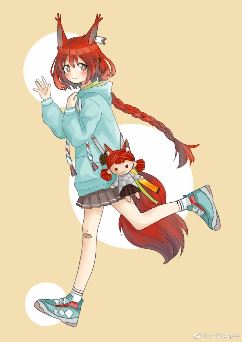 1girl absurdres animal_ears arknights bandaid bandaid_on_knee bandaid_on_leg black_skirt blue_hoodie blue_shoes blush braid braided_ponytail bright_pupils character_doll chinese_commentary closed_mouth commentary_request doll eyes_visible_through_hair flametail_(arknights) full_body grey_eyes hair_between_eyes highres hood hood_down hoodie long_hair long_sleeves looking_at_viewer miniskirt pleated_skirt red_hair red_tail running sdrzkaige shoes simple_background skirt smile sneakers socks solo standing strap tail watermark waving weibo_watermark white_pupils white_socks yellow_background
