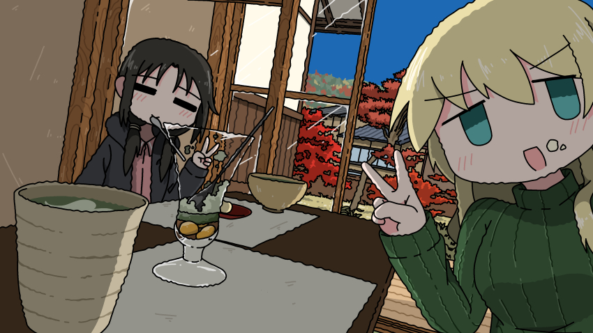 2girls absurdres aqua_eyes autumn black_hair blonde_hair chito_(shoujo_shuumatsu_ryokou) closed_eyes day dutch_angle emesan_desu food food_on_face green_sweater grey_jacket hand_up highres house jacket long_hair long_sleeves looking_at_viewer low_twintails multiple_girls open_clothes open_jacket outdoors shoujo_shuumatsu_ryokou sweater table tree twintails utensil_in_mouth v yuuri_(shoujo_shuumatsu_ryokou)