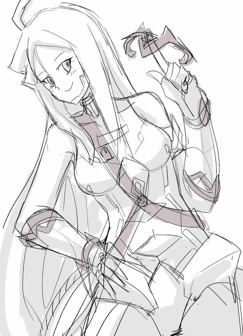 1girl bag blush breasts choker digimon digimon_(creature) fingerless_gloves gloves hand_on_own_hip happy highres hudiemon leotard long_hair looking_at_viewer medium_breasts ph6xeivbgpimggg sketch smile swirling wide_hips