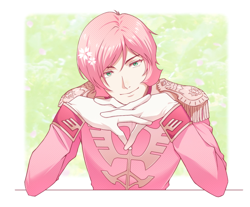 1boy alternate_color ben-day_dots border cherry_blossoms closed_mouth colored_eyelashes commentary elbows_on_table epaulettes flower garma_zabi gloves green_background green_eyes gundam hair_between_eyes hair_flower hair_ornament head_on_hands head_tilt highres jacket long_sleeves looking_at_viewer male_focus military_uniform mobile_suit_gundam murakami_(mrkm3103) outside_border pink_flower pink_hair pink_jacket screentones short_hair simple_background smile solo upper_body white_border white_gloves