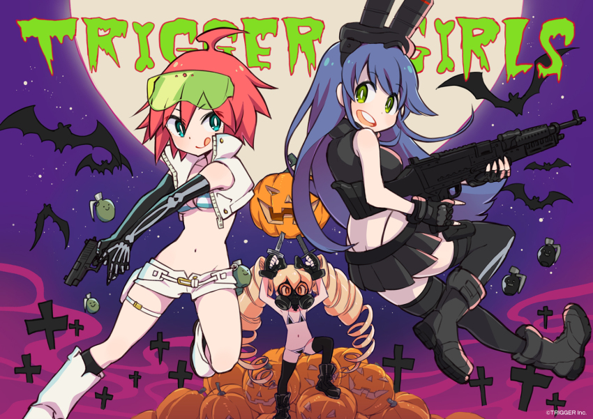 3girls bat_(animal) bikini bikini_top_only blonde_hair blue_eyes blue_hair boots copyright_name drill_hair english_text explosive frag_(trigger) full_moon gas_mask green_eyes grenade gun halloween handgun highres jack-o&#039;-lantern luluco m60_(machine_gun) machine_gun mago mask miniskirt moon multiple_girls muzzle_(trigger) official_art pink_hair pumpkin short_shorts shorts skirt spring_(trigger) swimsuit text_focus thighhighs tombstone trigger-chan trigger_(company) uchuu_patrol_luluco unzipped weapon