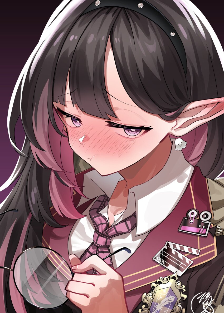 1girl :t absurdres black_hair black_hairband blush bright_pupils clapperboard collared_shirt colored_inner_hair earrings ghost_earrings glasses hairband heart heart-shaped_pupils highres holding holding_removed_eyewear indie_virtual_youtuber jewelry multicolored_hair necktie nema_filluna pink_hair pink_necktie pointy_ears purple_eyes round_eyewear shirt signature solo sui_hi_sf symbol-shaped_pupils unworn_eyewear upper_body virtual_youtuber white_pupils white_shirt
