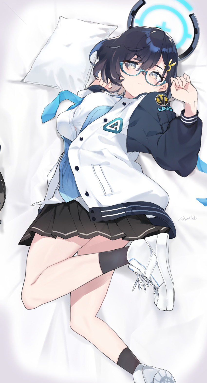 1girl absurdres bed_sheet black_hair black_skirt black_sleeves black_socks blue_archive blue_eyes blue_halo blue_necktie blush breasts chihiro_(blue_archive) closed_mouth commentary_request cross-laced_shoes frown full_body glasses hair_between_eyes hair_ornament halo hands_up highres jacket long_sleeves looking_at_viewer lying medium_breasts miniskirt necktie on_side open_clothes open_jacket pleated_skirt puffy_long_sleeves puffy_sleeves rabbit_hair_ornament ryo_(ryo_skrdi) school_uniform semi-rimless_eyewear shirt shoes short_hair signature skirt sneakers socks solo thighs white_jacket white_shirt white_shoes