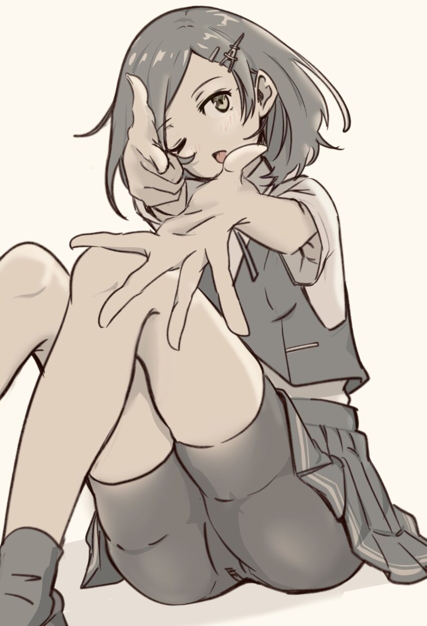 1girl bike_shorts black_shorts black_skirt chakoru collared_shirt commentary_request dress_shirt feet_out_of_frame finger_gun foreshortening green_eyes hair_ornament hairclip highres kantai_collection kuroshio_(kancolle) kuroshio_kai_ni_(kancolle) pleated_skirt shirt short_hair short_sleeves shorts simple_background sitting skirt solo white_background white_shirt