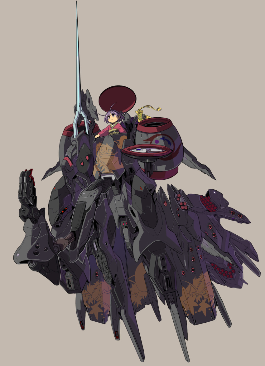 1girl ahoge bowl closed_mouth commentary_request dendrobium_schema female_focus gundam hair_flaps highres in_bowl in_container japanese_clothes kimono long_sleeves looking_away looking_up mecha obi outstretched_arm parody red_eyes robot sash short_hair simple_background solo sukuna_shinmyoumaru syope touhou