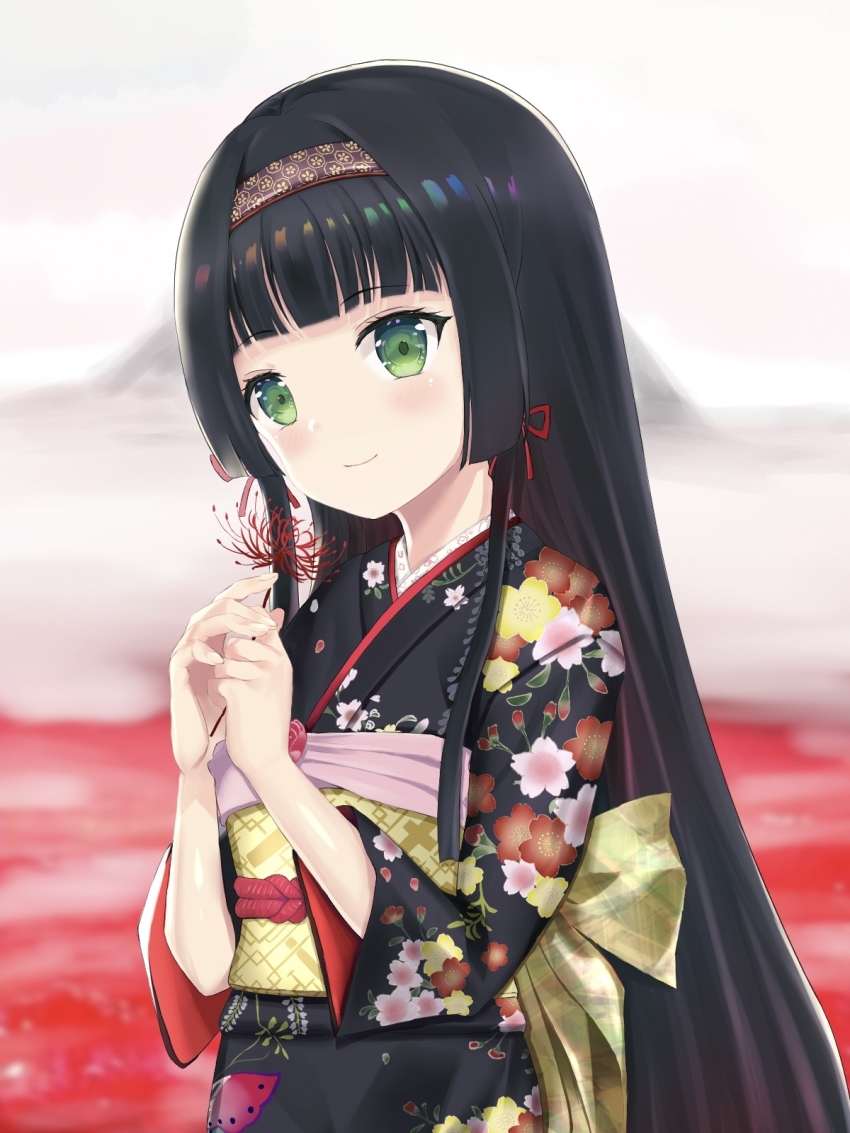 1girl bishoujo_mangekyou bishoujo_mangekyou:_kotowari_to_meikyuu_no_shoujo bishoujo_mangekyou_(series) black_hair black_kimono blunt_bangs blush closed_mouth flat_chest floral_print flower green_eyes hairband highres hime_cut holding holding_flower japanese_clothes kimono li_(1364037309) long_hair looking_at_viewer obi obiage obijime print_kimono renge_(bishoujo_mangekyou) sash sidelocks smile solo spider_lily upper_body