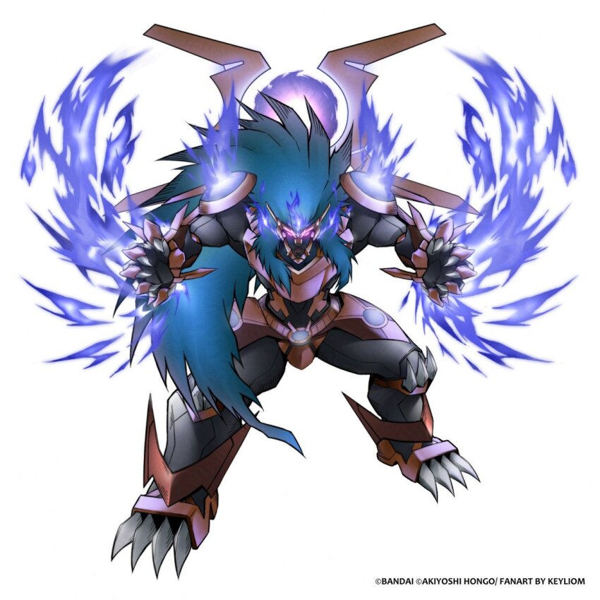 apollomon apollomon_whispered blue_hair corruption digimon digimon_(creature) digimon_xros_wars keyliom long_hair looking_at_viewer solo