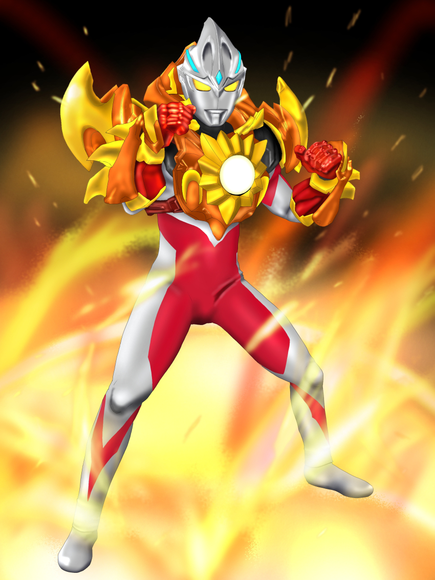 1boy absurdres alien armor bridal_gauntlets clenched_hands colored_skin dorsal_fin elbow_spikes forehead_jewel full_body glowing glowing_eyes highres male_focus multicolored_skin no_pupils power_gloves red_armor red_bridal_gauntlets red_skin rsy004 silver_bodysuit silver_skin solis_armor solo tokusatsu ultra_series ultraman_arc ultraman_arc_(series) yellow_eyes