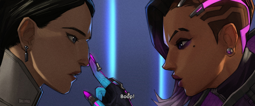 2girls animal_ears artist_name asymmetrical_hair black_hair breikka brown_hair cyborg dark-skinned_female dark_skin eyebrow_cut eyeshadow finger_to_another&#039;s_face from_side gloves gradient_hair katya_volskaya makeup mechanical_head mole mole_under_eye multicolored_hair multiple_girls overwatch purple_eyes purple_eyeshadow purple_hair purple_lips sombra_(overwatch)