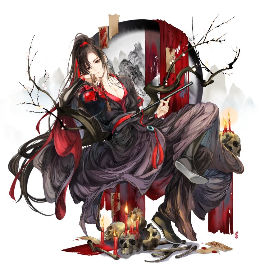 1boy ahoge bishounen black_boots black_hair black_hanfu blood bone boots branch brown_eyes candle chinese_clothes closed_mouth collarbone crossed_legs dizi fire flower flute flute_tassel full_body grey_pants hair_ribbon hand_up hanfu head_rest high_ponytail highres holding holding_flute holding_instrument holding_jar hori_airi in_tree instrument jar long_hair long_sleeves looking_at_viewer male_focus modao_zushi ofuda pants parted_bangs pectoral_cleavage pectorals ponytail red_ribbon ribbon robe sash sidelocks simple_background sitting sitting_in_tree skull sleeves_past_wrists smile solo talisman tassel transverse_flute tree very_long_hair wei_wuxian white_background white_flower wide_sleeves
