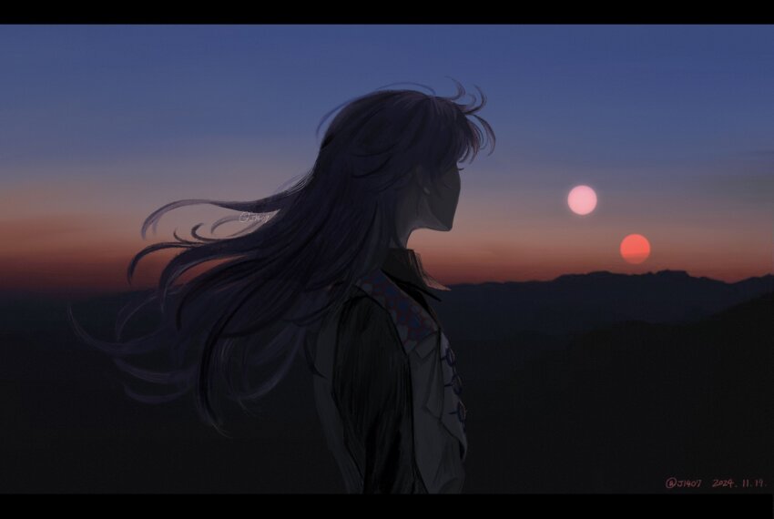 1boy black_border black_shirt border collared_shirt dark floating_hair from_behind highres hoshirube_sho j14o7 long_hair long_sleeves male_focus nijisanji outdoors purple_hair shirt sky solo sunset twitter_username upper_body vest virtual_youtuber white_vest