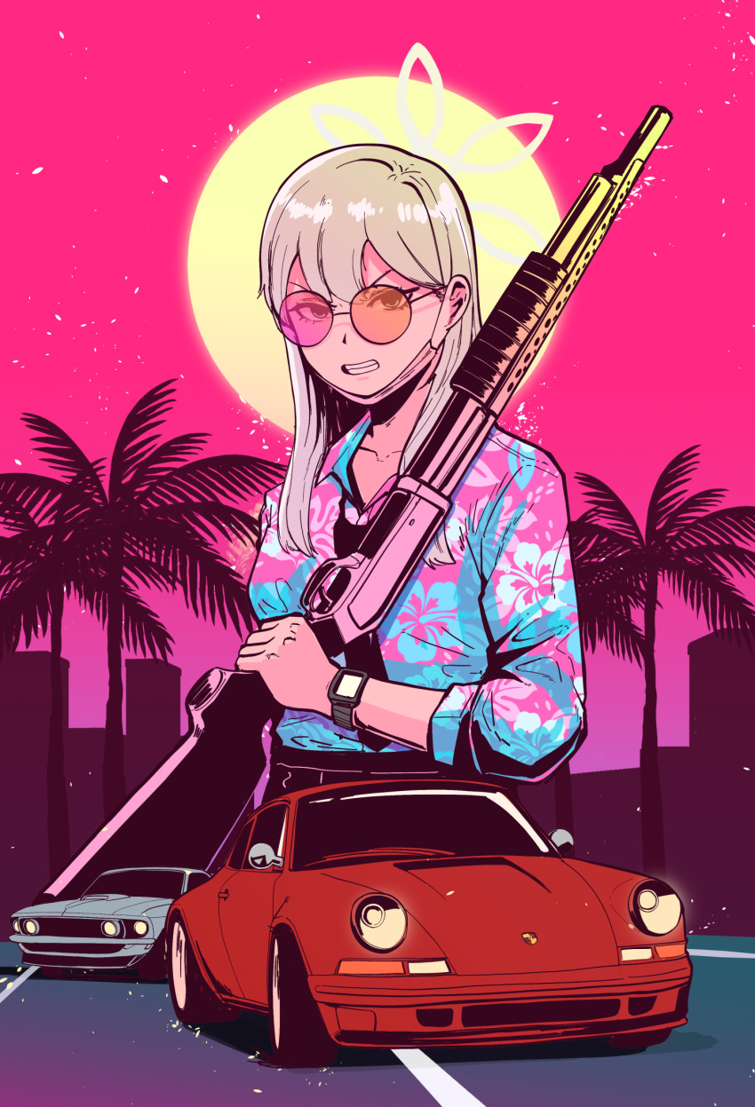 1girl blue_archive blue_shirt car ford ford_mustang grey_car grey_eyes grey_hair grey_halo gun halo hawaiian_shirt highres holding holding_gun holding_weapon hotline_miami konoka_(blue_archive) long_hair mask_pull motor_vehicle muscle_car parabellum porsche porsche_911 red_car shirt shotgun sports_car sunglasses watch weapon wristwatch