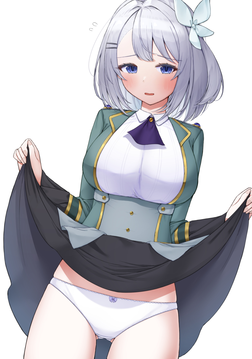 1girl absurdres ascot asigaru3000 black_skirt blue_eyes blush breasts clothes_lift green_jacket hair_intakes hair_ornament hair_ribbon hairclip highres hikikomari_kyuuketsuki_no_monmon jacket large_breasts lifting_own_clothes long_sleeves panties purple_ascot ribbon sakuna_memoire shirt simple_background skirt skirt_lift solo underwear white_background white_hair white_panties white_ribbon white_shirt
