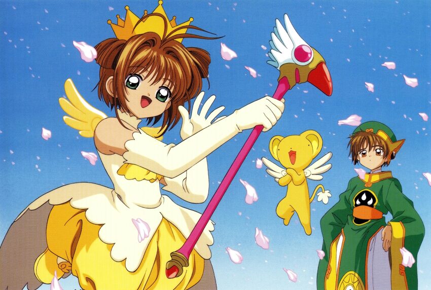 1girl brown_eyes brown_hair cardcaptor_sakura crown dress gloves green_eyes highres holding holding_wand kero_(cardcaptor_sakura) kinomoto_sakura kinomoto_sakura_(miraculous_sakura) li_syaoran magical_girl messy_hair official_art salute scan shoes short_hair wand wings yellow_dress yellow_shoes