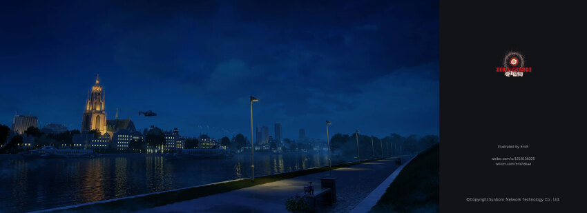 aircraft artist_name bench boat building cityscape cloud cloudy_sky commentary_request company_name copyright_notice dinergate_(girls&#039;_frontline) erich girls&#039;_frontline grass highres lamppost magazine_(object) night night_sky no_humans non-humanoid_robot official_art outdoors plant potted_plant river riverbank robot sangvis_ferri scenery sky trash_can tree twitter_username variant_set water watercraft watermark web_address weibo_username