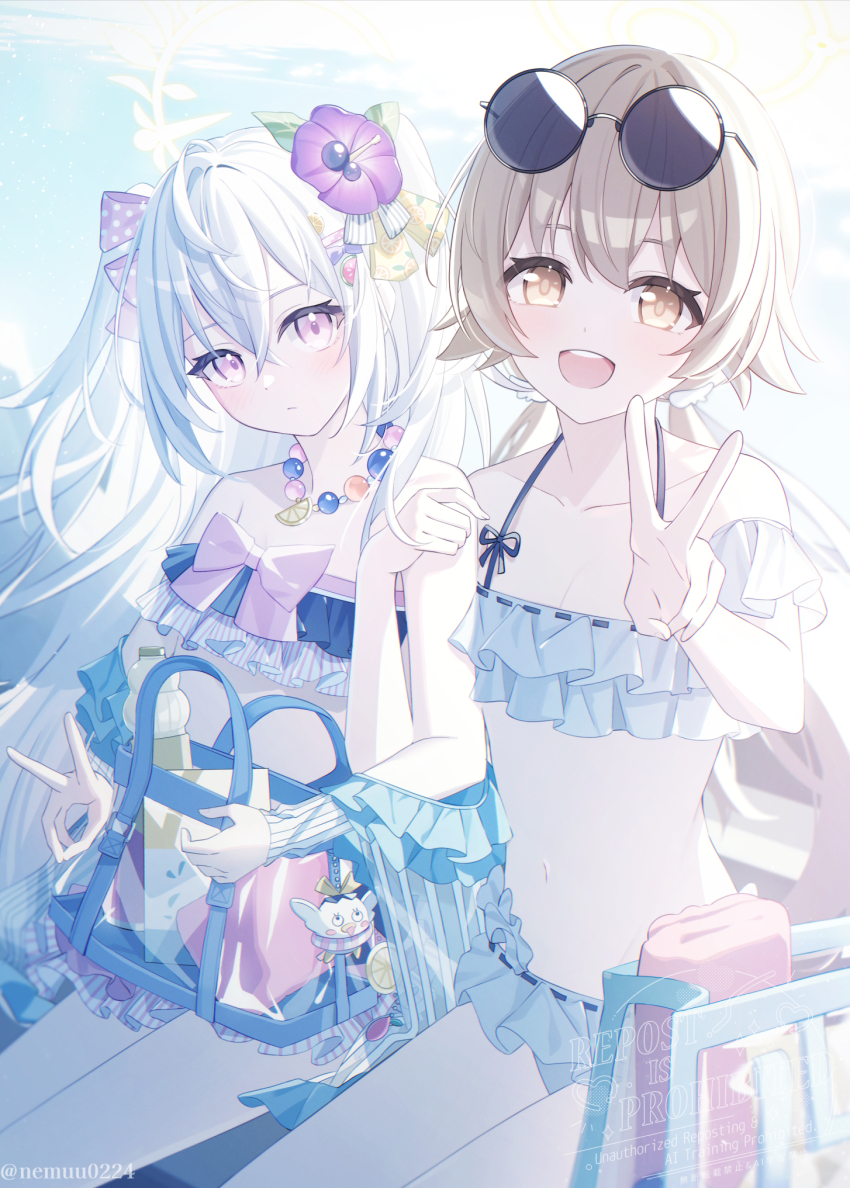 1girl azusa_(blue_archive) azusa_(swimsuit)_(blue_archive) bag_charm bead_necklace beads bikini blue_archive bottle bow breasts brown_hair charm_(object) closed_mouth eyewear_on_head feet_out_of_frame flower frilled_bikini frills hair_between_eyes hair_flower hair_ornament hair_ribbon halo halterneck hifumi_(blue_archive) hifumi_(swimsuit)_(blue_archive) highres jewelry light_blush locked_arms long_hair looking_at_viewer navel necklace nemu_no1 official_alternate_costume open_mouth polka_dot polka_dot_ribbon ribbon sideways_glance sitting small_breasts strapless strapless_bikini sunglasses swimsuit teeth transparent_bag twitter_username two_side_up upper_teeth_only v white_bikini white_hair yellow_eyes