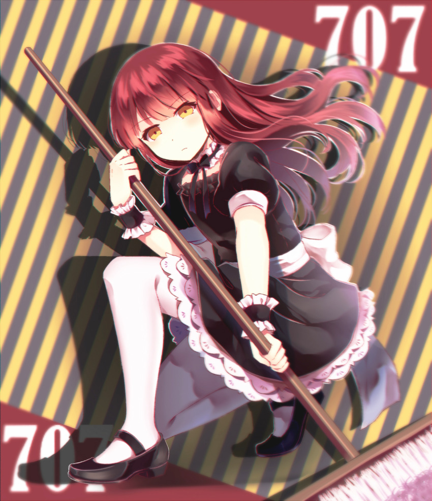 1boy 707_(susanghan_messenger) black_dress black_ribbon black_shoes blurry broom character_name closed_mouth crossdressing crossdressing_(mtf) depth_of_field dress drop_shadow expressionless highres holding holding_broom long_hair looking_at_viewer maid male_focus male_maid mary_janes on_one_knee red_hair ribbon shoes striped_background susanghan_messenger tamagoyaki_(megane-daisuki) trap wrist_cuffs yellow_eyes