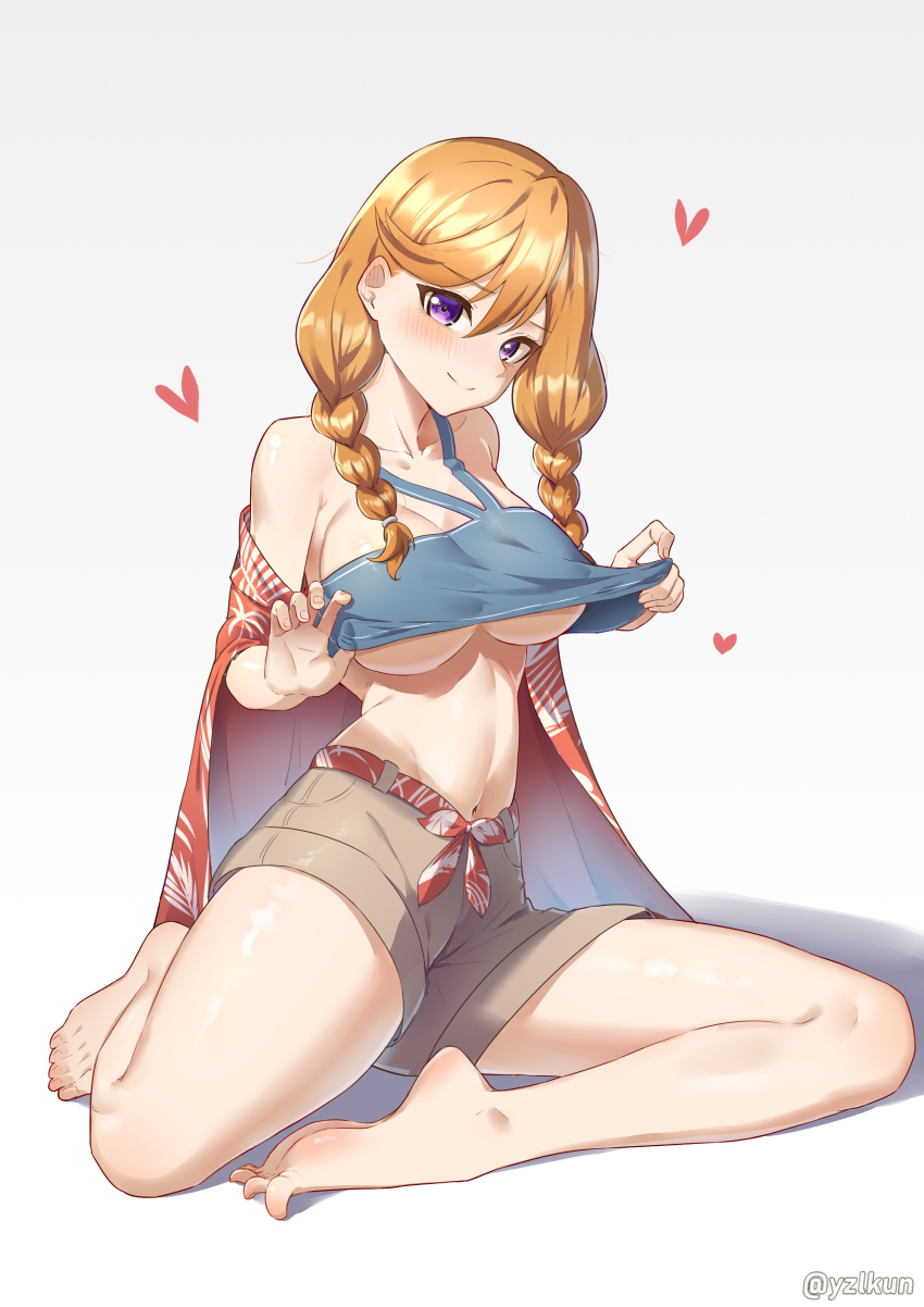 1girl absurdres alternate_hairstyle bare_shoulders barefoot blonde_hair blush braided_twintails breasts brown_shorts cleavage closed_mouth clothes_lift collarbone commentary_request crop_top crop_top_overhang feet fingernails full_body hair_between_eyes heart highres large_breasts legs lifting_own_clothes long_hair looking_at_viewer love_live! love_live!_superstar!! navel on_ground orange_hair purple_eyes shadow shibuya_kanon shirt_lift shorts simple_background sitting smile solo stomach toes twitter_username underboob white_background yzlkun