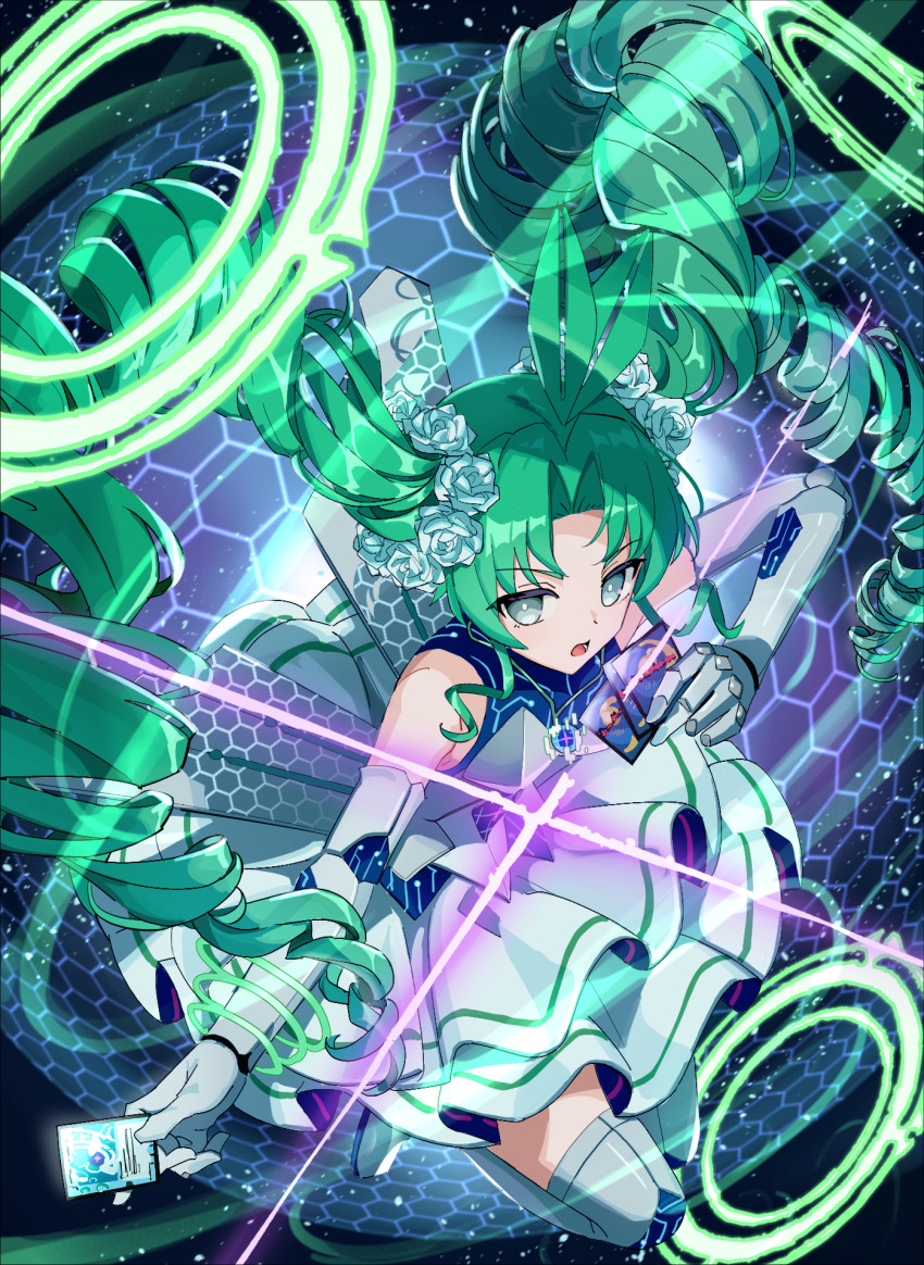 1girl anisakisu aqua_eyes bare_shoulders black_background card dress drill_hair duel_masters duel_masters_play&#039;s energy_barrier energy_ring flower from_above gloves green_eyes green_flower green_hair green_rose hair_flower hair_ornament highres holding holding_card kiriko_(duel_masters) long_hair lower_teeth_only open_mouth rose solo sparkle teeth trading_card twin_drills white_dress white_gloves