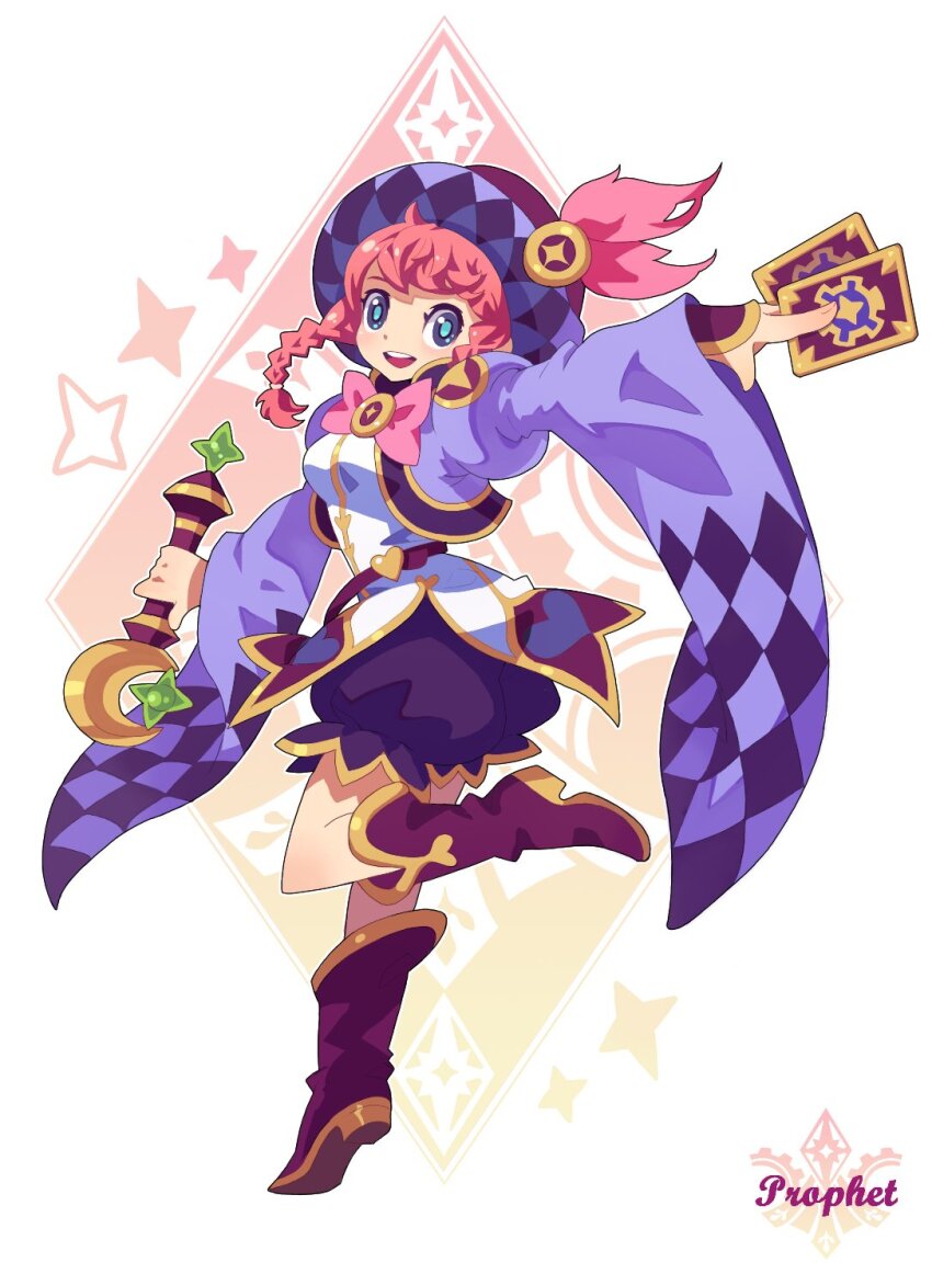 ankle_boots aqua_pupils argyle_clothes argyle_sleeves asgard belt belt_buckle bf._(sogogiching) boots bow braid braided_sidelocks breasts brooch buckle card chaperon_hat character_name cropped_jacket dot_nose eyelashes furisode_sleeves gold_buckle hair_tie hat heart heart-shaped_buckle heart_belt_buckle heart_print highres holding holding_card holding_wand jacket jewelry juliet_sleeves knee_blush light_blush long_sidelocks long_sleeves looking_at_viewer medium_breasts nexon official_art open_mouth pink_bow pink_fur pink_hair print_shirt print_sleeves prophet_(asgard) puffy_shorts puffy_sleeves purple_belt purple_boots purple_eyes purple_hat purple_jacket purple_shorts purple_sleeves quilted_headwear second-party_source shirt short_hair_with_long_locks shorts sidelocks spell_card standing standing_on_one_leg teeth tongue twisted_torso upper_teeth_only wand white_background white_shirt wide_sleeves yellow_trim