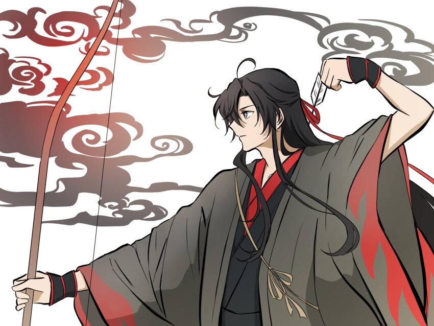 1boy ahoge archery arm_up arrow_(projectile) black_gloves black_hair black_hanfu bow_(weapon) chinese_clothes coat colored_smoke fingerless_gloves gloves grey_coat grey_eyes hair_down hair_ribbon half_updo hanfu highres holding holding_arrow holding_bow_(weapon) holding_weapon long_hair looking_to_the_side male_focus modao_zushi official_alternate_costume official_alternate_hairstyle open_clothes open_coat parrrrrrrrko profile red_ribbon ribbon robe shoulder_belt sidelocks smile smoke solo upper_body very_long_hair weapon wei_wuxian wei_wuxian_(yiling_laozu) white_background wide_sleeves