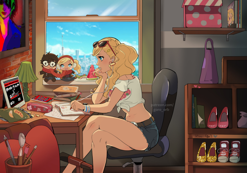 1girl amamiya_ren bag bare_legs belt blonde_hair blue_eyes blue_shorts book breasts brick_wall brown_belt chair chips_(food) crossed_legs cutoffs day denim denim_shorts desk earphones eyewear_on_head food from_side fruit goro_orb highres indoors lamp left-handed lofi_girl lofi_girl_(youtube) medium_breasts midriff navel open_book paintbrush paper parted_lips persona persona_5 picture_frame red-framed_eyewear shelf shirt shoes short_shorts shorts sitting solo stomach studying stuffed_toy sunglasses tablet_pc takamaki_anne thighs tied_shirt twintails watermelon watermelon_slice wavy_hair white_shirt window writing