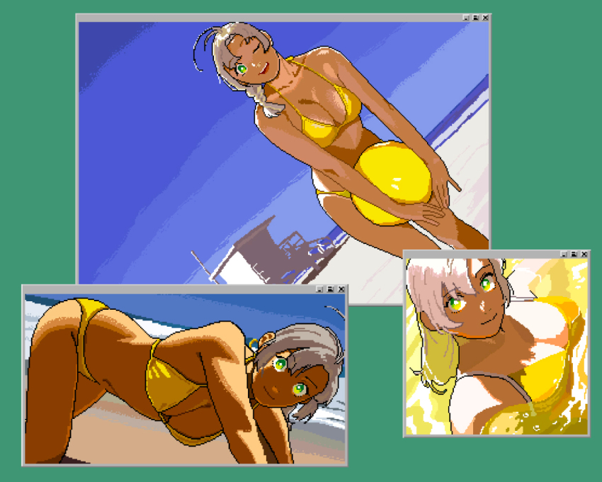 all_fours alternate_costume antenna_hair ball beach bikini blue_sky braid breasts cleavage cloud day feet_out_of_frame green_eyes grey_hair hair_over_shoulder horizon kantai_collection kinugasa_(kancolle) long_hair medium_breasts ocean ojipon outdoors pixel_art single_braid sky swimsuit window_(computing) yellow_bikini