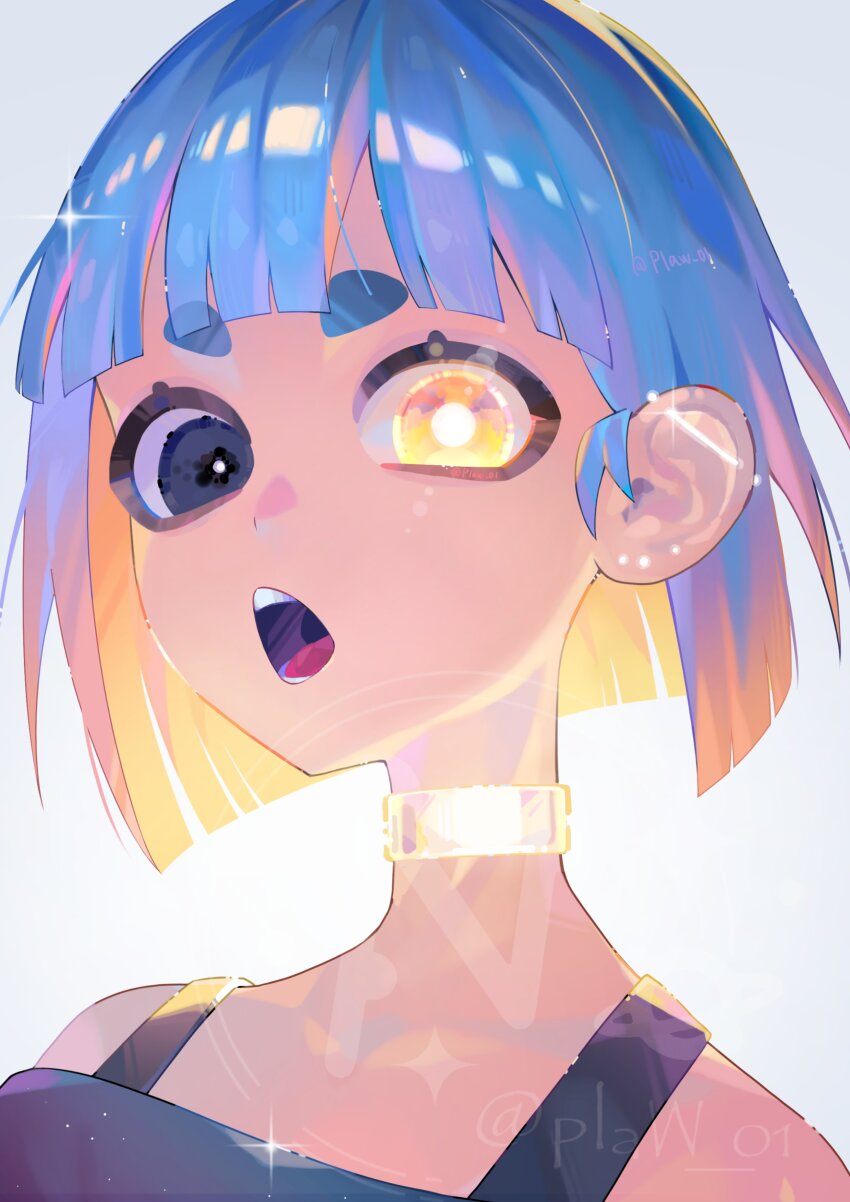 1girl absurdres bare_shoulders black_eyes blonde_hair blue_hair blunt_bangs blunt_ends bob_cut bright_pupils choker colored_inner_hair commentary_request from_below glowing glowing_jewelry grey_background grey_shirt halterneck heterochromia highres mismatched_pupils multicolored_hair n._(plaw_01) off-shoulder_shirt off_shoulder open_mouth original portrait shirt short_hair simple_background solo teeth thick_eyebrows tongue twitter_username two-tone_hair white_pupils yellow_choker yellow_eyes