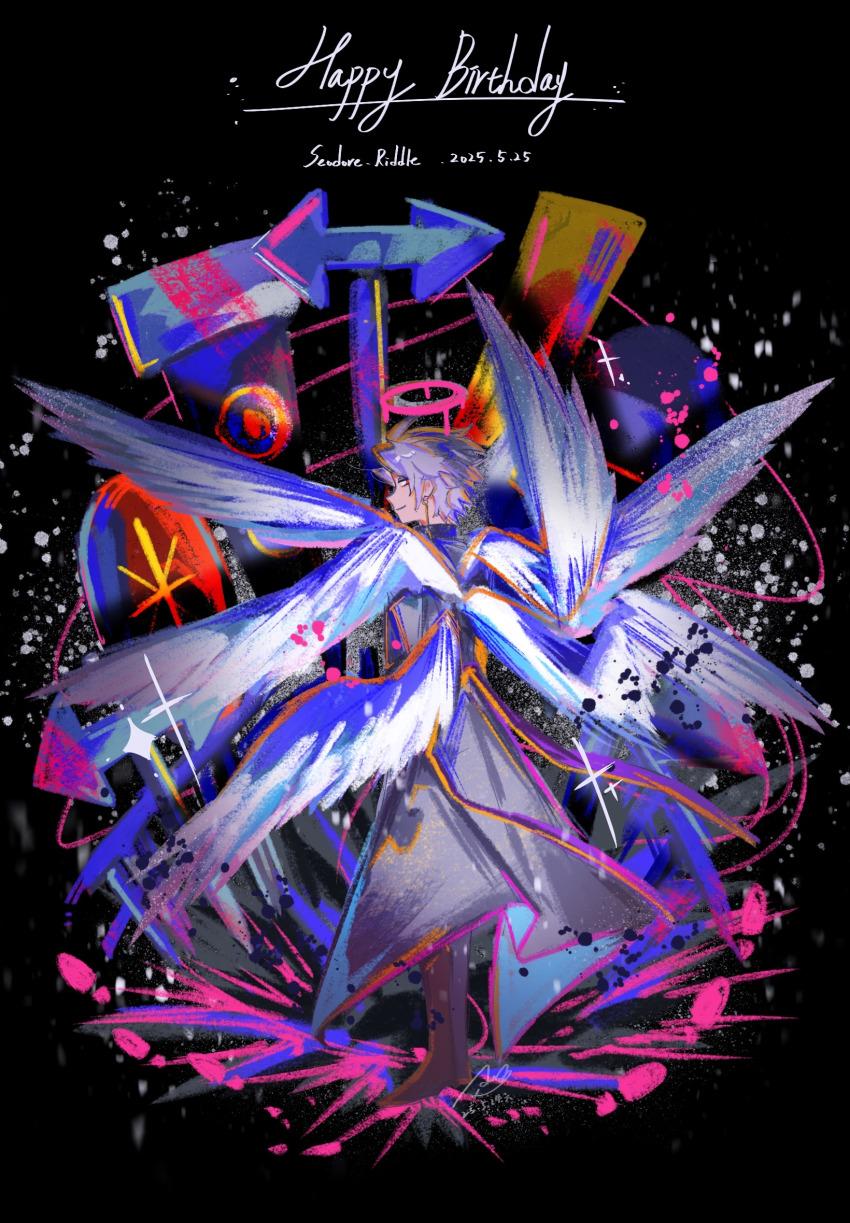 1boy boots brown_boots character_name chinese_commentary closed_mouth coat commentary_request dated earrings english_text full_body grey_coat halo happy_birthday highres jewelry male_focus melting_halo multiple_wings pink_halo red_eyes saibou_shinkyoku smile solo standing theodore_riddle tina-humao white_wings wings