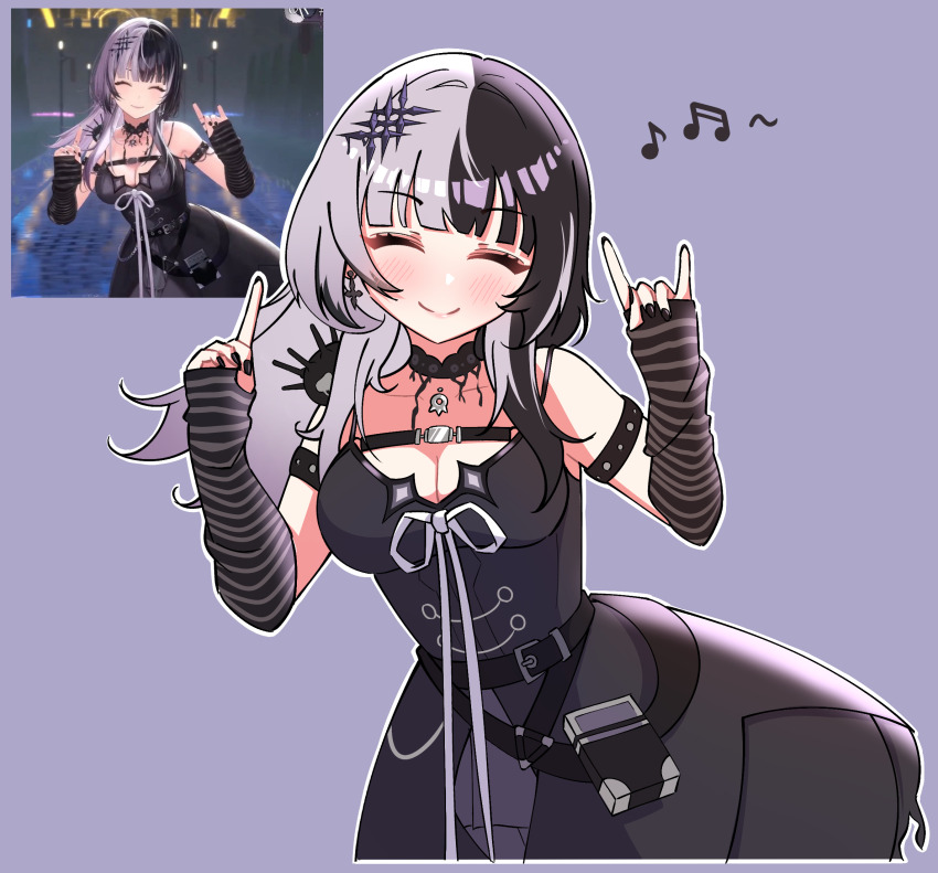 1girl \m/ beamed_sixteenth_notes black_dress black_hair blush breasts cleavage closed_eyes closed_mouth dress elbow_gloves eyelashes fingerless_gloves gloves highres hololive hololive_english index_finger_raised long_hair multicolored_hair musical_note outline purple_background purple_hair reference_inset screenshot_inset shiori_novella shiori_novella_(1st_costume) shutowl simple_background sixteenth_note smile solo split-color_hair striped_clothes striped_gloves upper_body virtual_youtuber white_outline