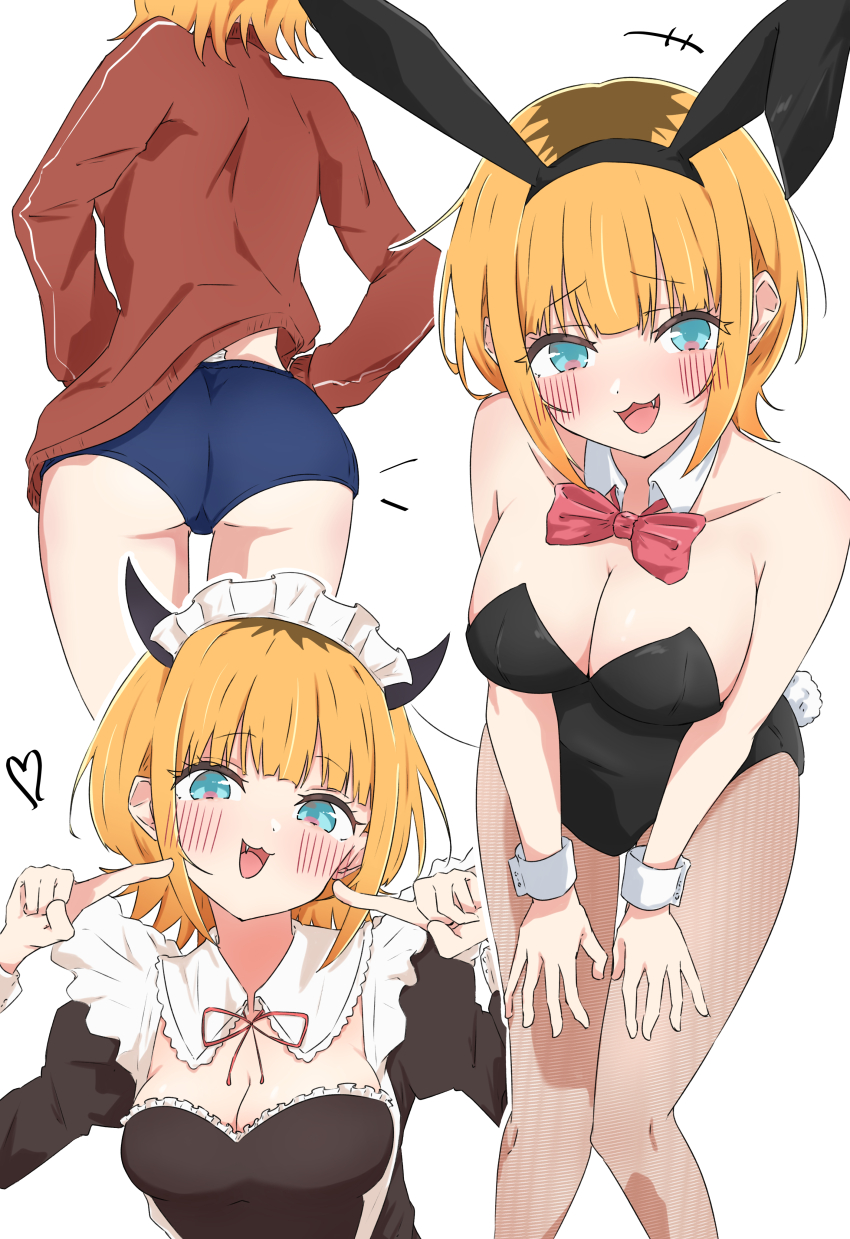 1girl absurdres alternate_costume animal_ear_hairband animal_ears ass black_dress black_leotard blonde_hair blue_buruma blush bow bowtie breasts brown_hair brown_pantyhose buruma cleavage collarbone demon_horns dress enmaided fake_animal_ears fake_horns fake_tail hairband heart highres horns jacket leotard looking_at_viewer maid maid_headdress medium_breasts mem-cho multicolored_hair multiple_views oshi_no_ko pantyhose playboy_bunny rabbit_ear_hairband rabbit_ears rabbit_tail red_bow red_bowtie red_jacket roots_(hair) simple_background smile strapless strapless_leotard tail track_jacket two-tone_hair uriumi_sub white_background wrist_cuffs